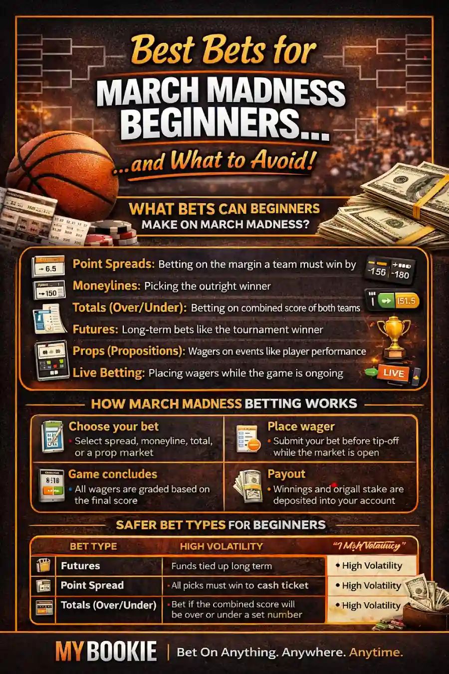 March Madness betting for beginners infographic covering bet types, how betting works, safer bets, what to avoid, and bankroll tips