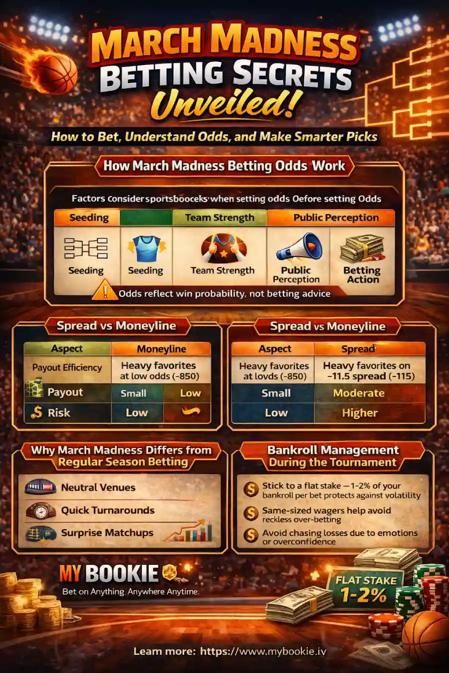 March Madness betting guide infographic covering how odds are set, key betting markets, spread vs moneyline, why the tournament differs from the regular season, and bankroll management tips