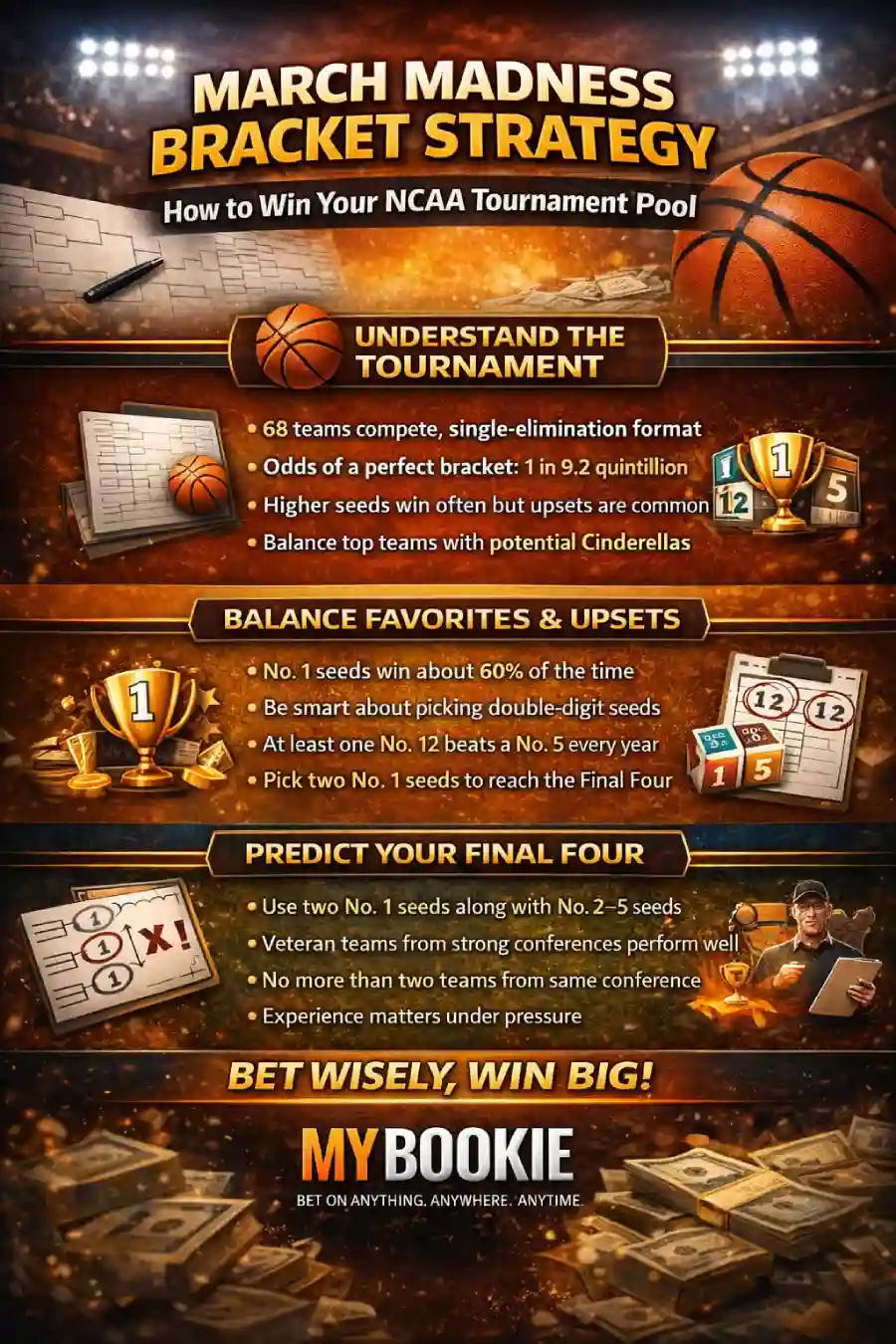 Infographic: March Madness bracket strategy — how to win your NCAA Tournament pool by understanding the tournament format, balancing favorites and upsets, and building a smart Final Four.