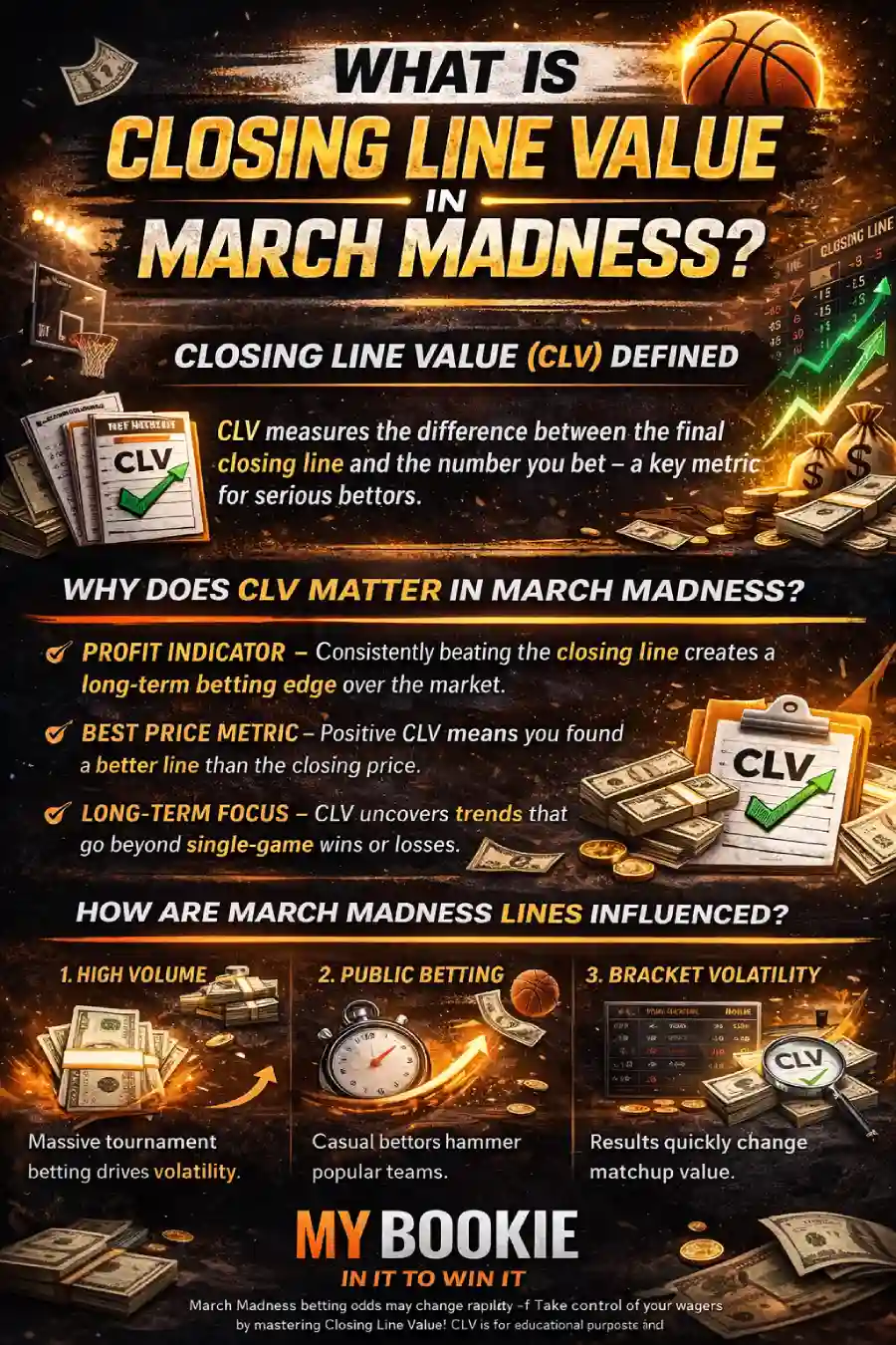 What is Closing Line Value (CLV) in March Madness? Infographic explaining CLV definition, why it matters more than picks, what moves NCAA tournament lines (volume, public money, bracket volatility), and how bettors can track opening vs closing numbers for long-term edge.