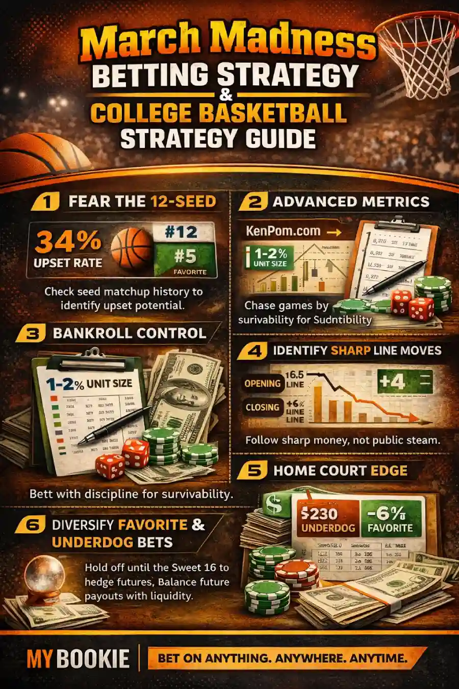March Madness betting strategy infographic showing 6 key NCAA basketball betting tips: 12-seed upset rate, advanced metrics (KenPom), 1–2% bankroll control, sharp line movement, home-court edge, and balancing favorites vs underdogs.