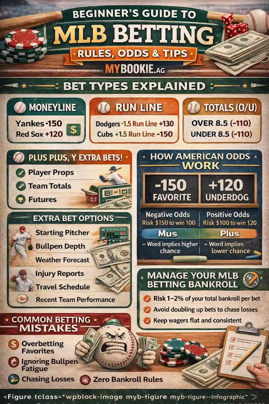 Beginner’s guide to MLB betting infographic covering moneyline, run line, totals, American odds, line movement factors, bankroll rules, and common beginner mistakes