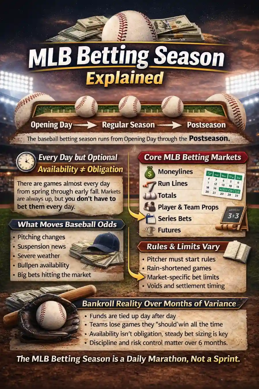 Infographic: MLB betting season explained — season timeline from Opening Day through the postseason, daily availability vs obligation, core MLB betting markets, what moves baseball odds, key rules and limits, and bankroll management over months of variance.