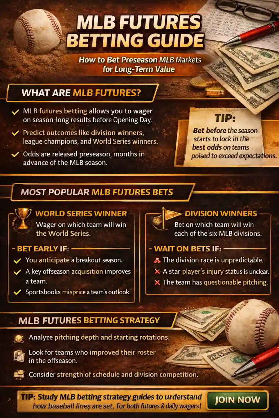 MLB futures betting infographic showing what MLB futures are, the most popular futures markets, and preseason strategy tips in MyBookie-style orange and black.