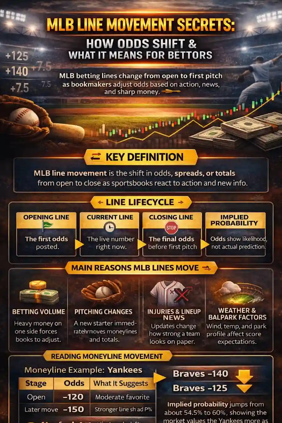 MLB line movement infographic showing how baseball odds shift from opening line to closing line, what causes betting markets to move, how moneyline movement works, and what reverse line movement means for bettors.