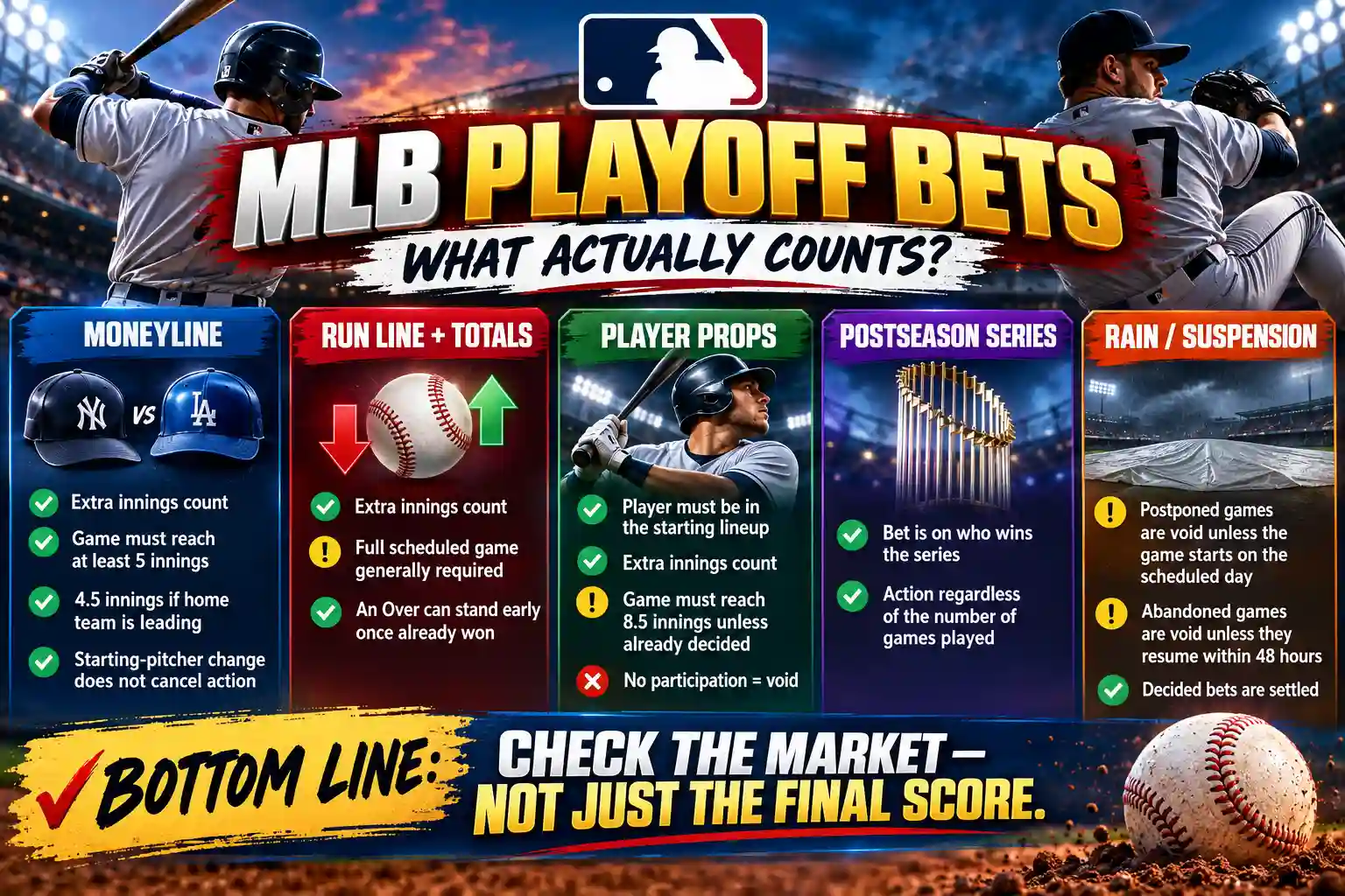 MLB playoff betting rules infographic explaining moneyline, run line and totals, player props, postseason series, extra innings, and suspended game rules