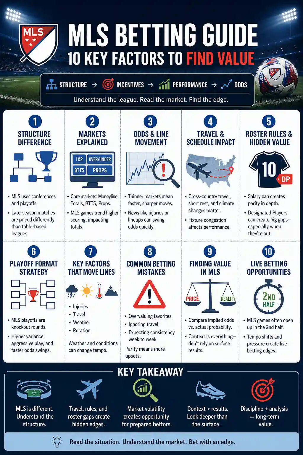 MLS betting guide infographic showing 10 key factors to find value in American soccer odds, including travel, roster rules, line movement, playoffs, and live betting