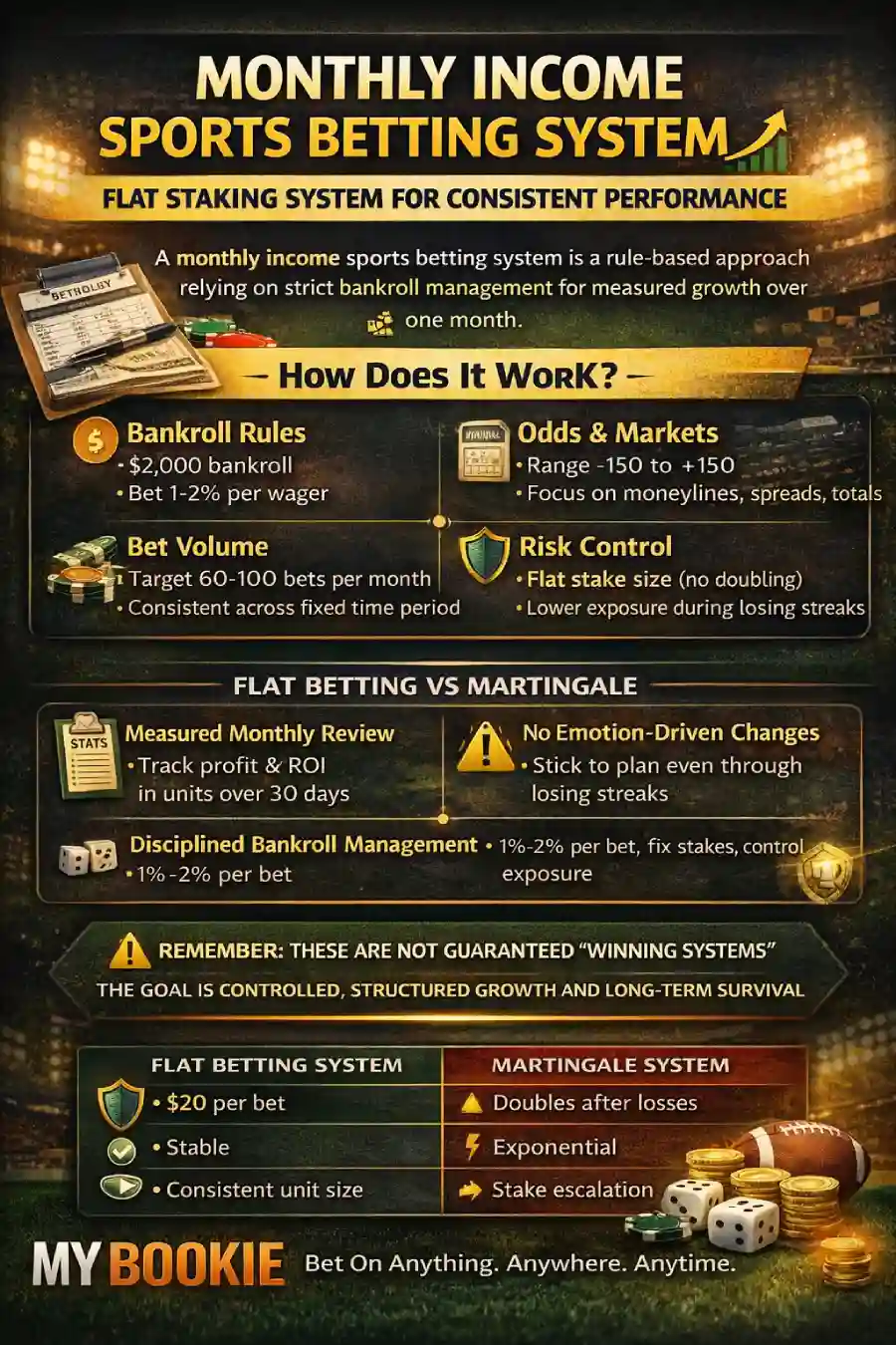 Monthly income sports betting system infographic showing flat staking rules, bankroll management, odds range, bet volume targets, risk control, and flat betting vs Martingale comparison in MyBookie-style colors