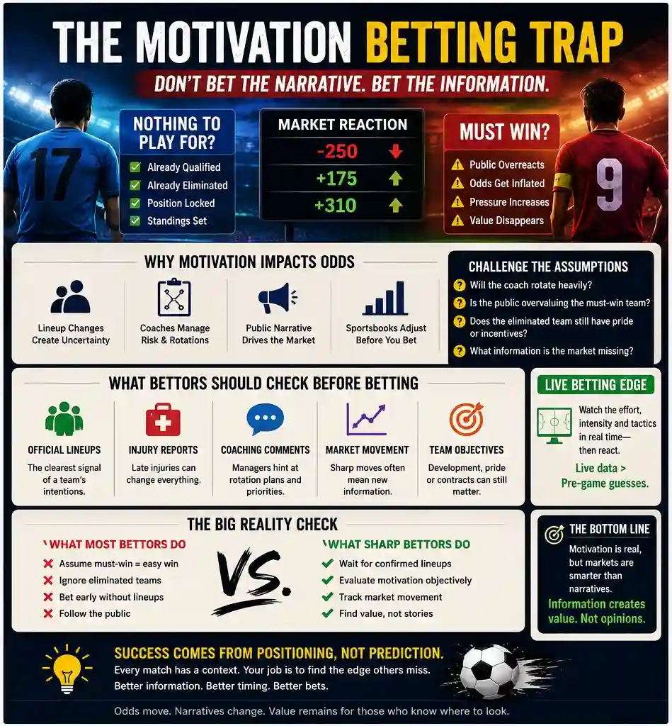 The Motivation Betting Trap infographic showing how team motivation, lineup changes, market reaction, and live betting signals can affect sportsbook odds.