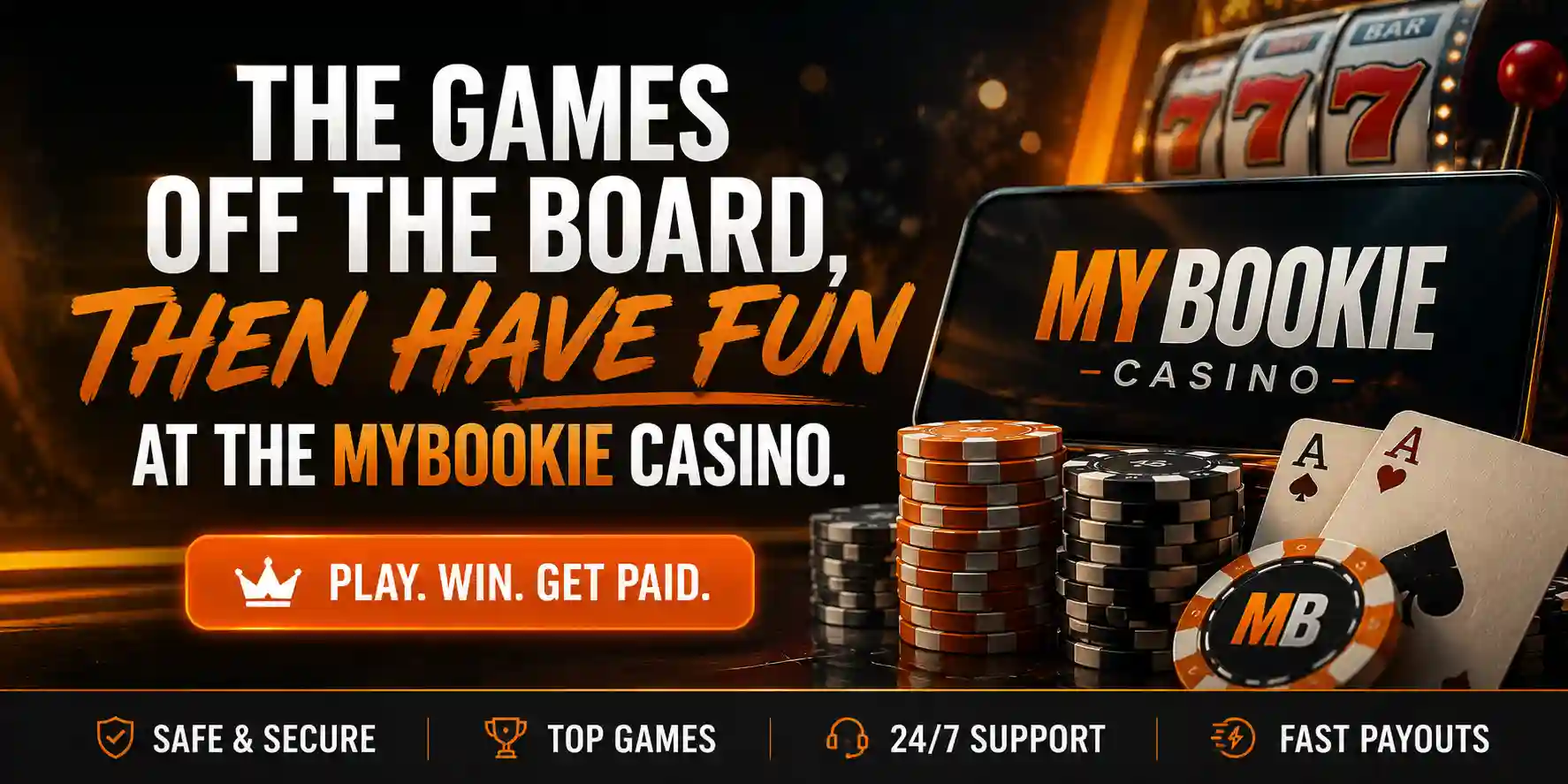Promotional MyBookie Casino banner encouraging players to enjoy slots, blackjack, roulette, baccarat, and live dealer games after the sportsbook action ends.