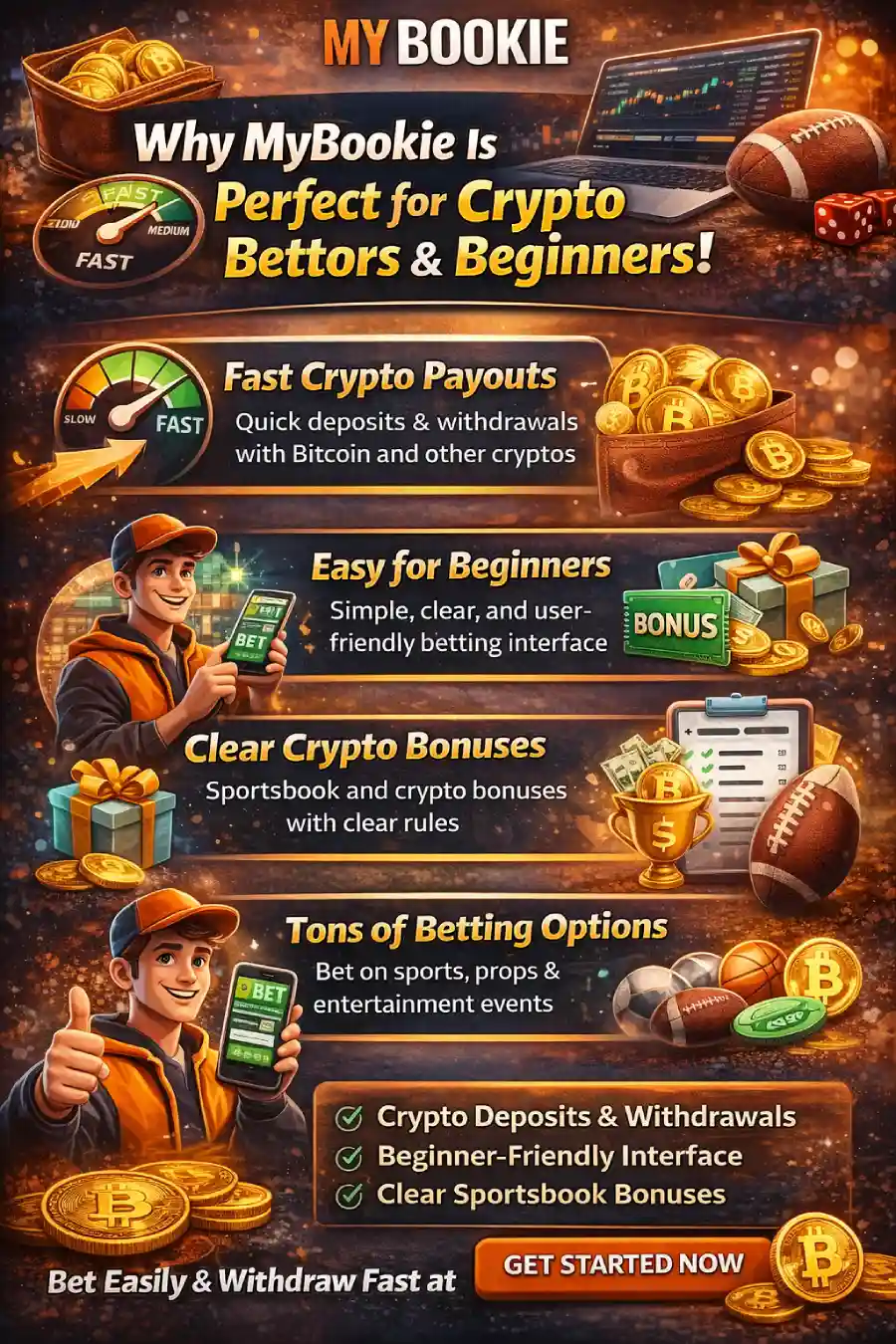 Infographic explaining why MyBookie is ideal for crypto bettors and beginners, highlighting fast payouts, simple interface, crypto bonuses, and betting options