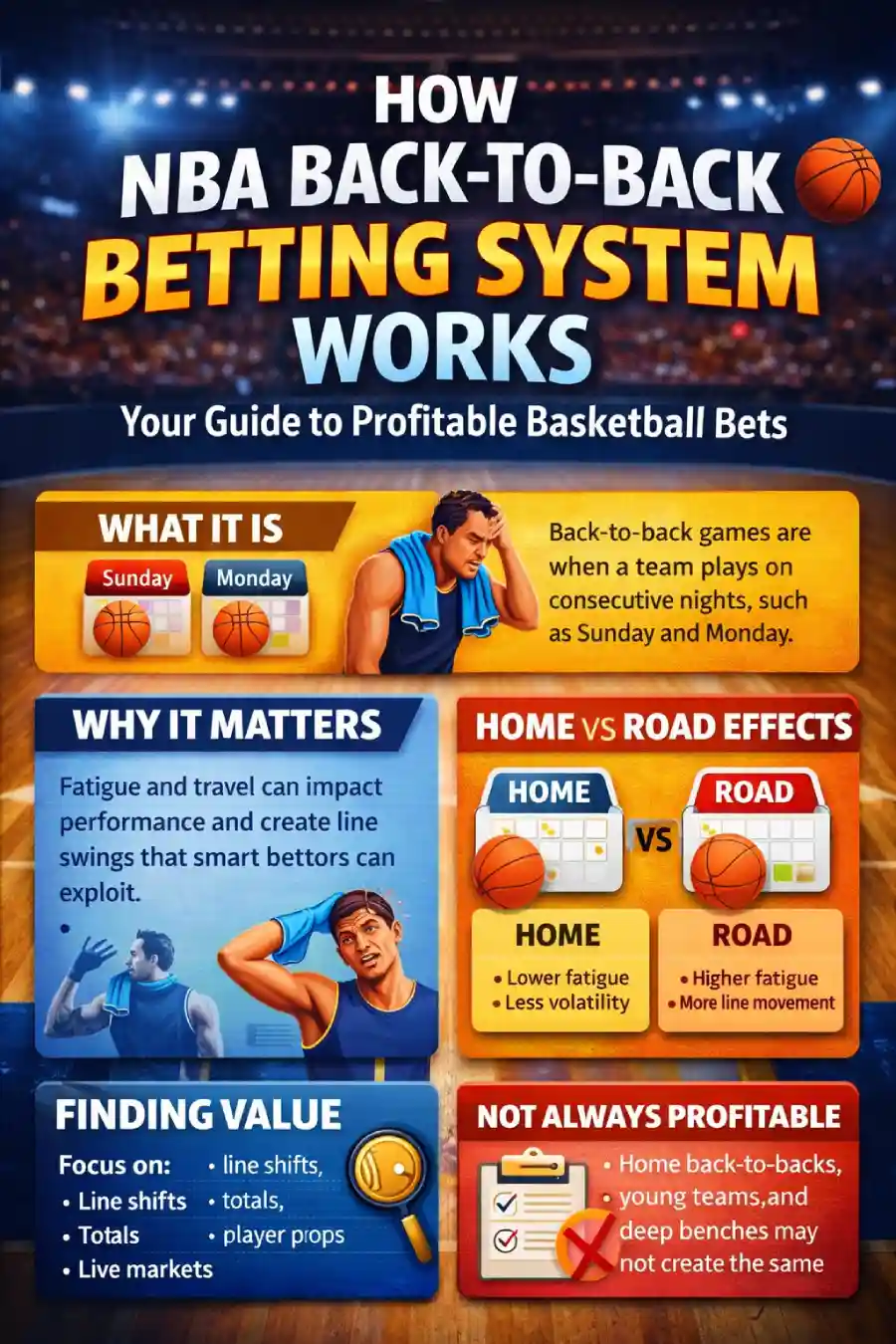 Infographic: How the NBA back-to-back sports betting system works — what back-to-backs are, why fatigue matters, home vs road differences, sportsbook line adjustments, totals/props/live betting angles, when the system does not work, and bankroll management tips.