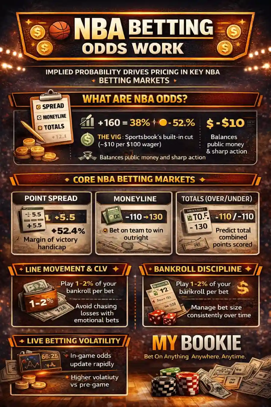 Infographic: NBA betting odds guide—how implied probability and vig work, the main NBA markets (spread, moneyline, totals), why lines move and how to track closing line value (CLV), plus bankroll discipline and live betting volatility.