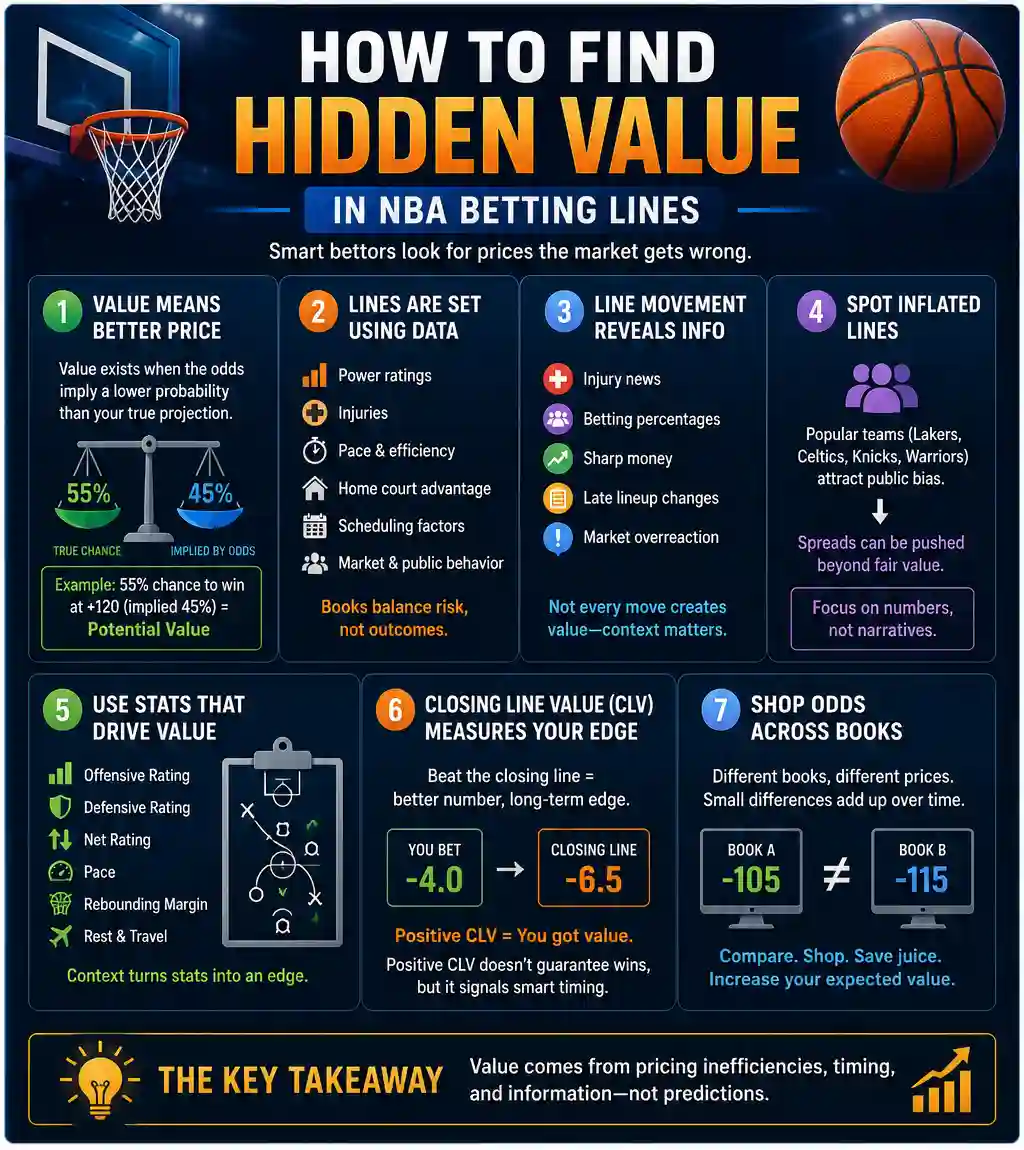 Infographic explaining how to find hidden value in NBA betting lines using odds, line movement, stats, closing line value, and sportsbook comparison.