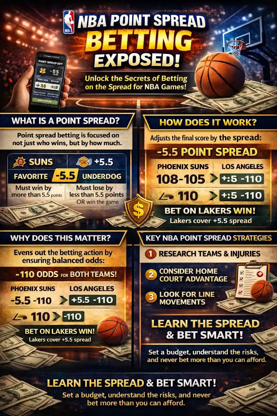 Infographic explaining NBA point spread betting, including how favorites and underdogs cover, what -110 odds mean, how spreads move before tip-off, alternate spreads, pushes, and spread betting strategy.