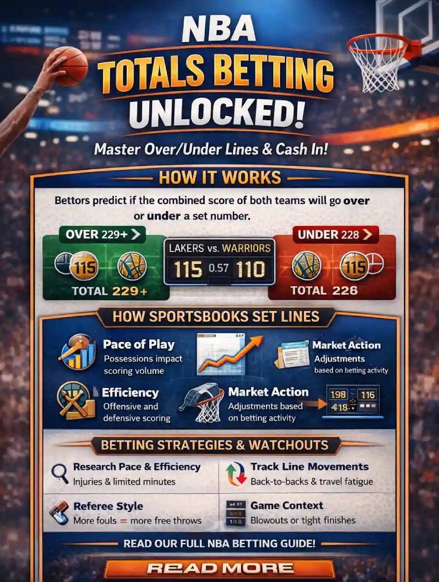 Infographic explaining how NBA totals betting works, including over and under bets, line-setting factors, line movement, and live betting strategy.
