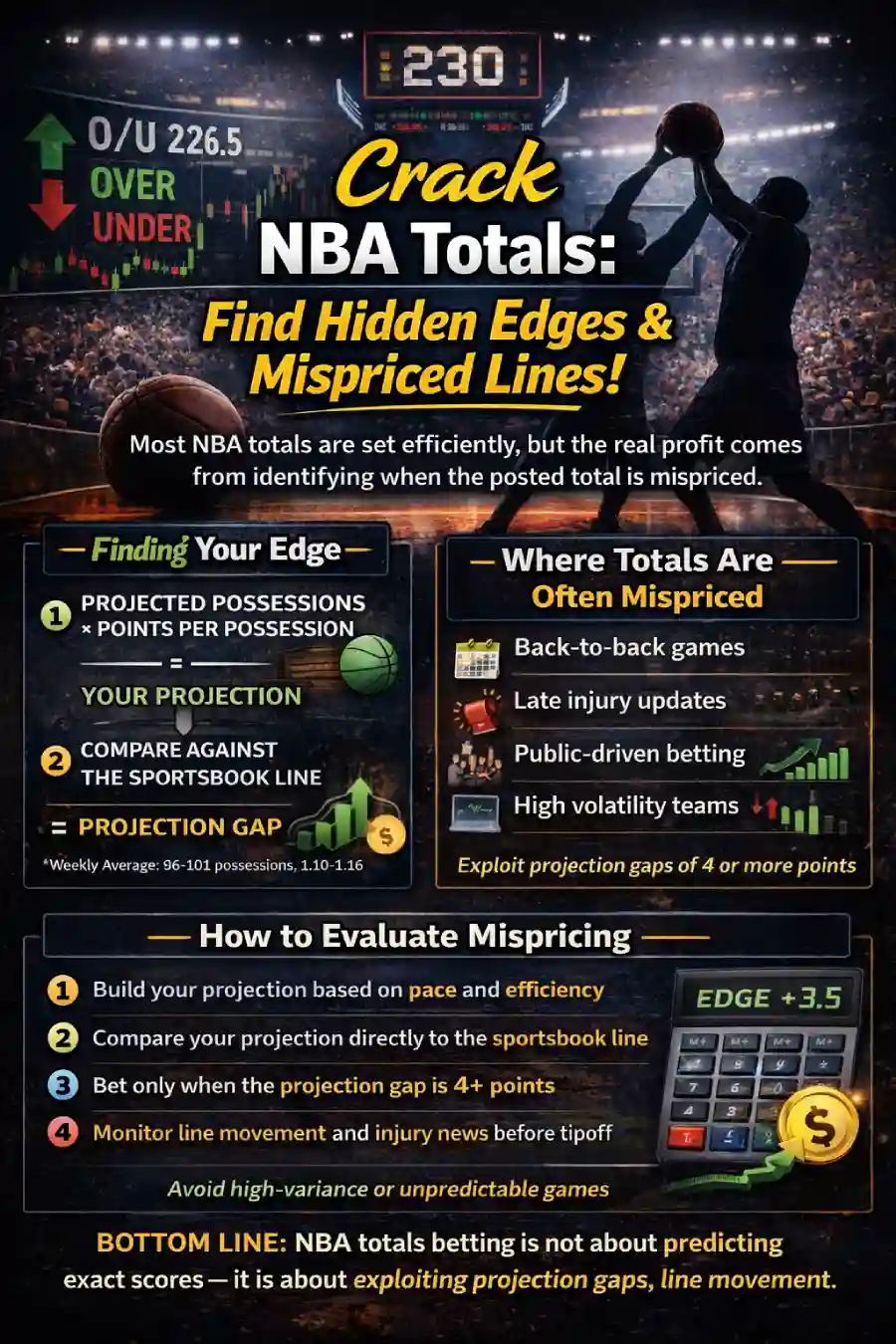 Infographic showing how to beat NBA totals by finding projection gaps, comparing pace and efficiency to the sportsbook line, and spotting common mispricing situations.