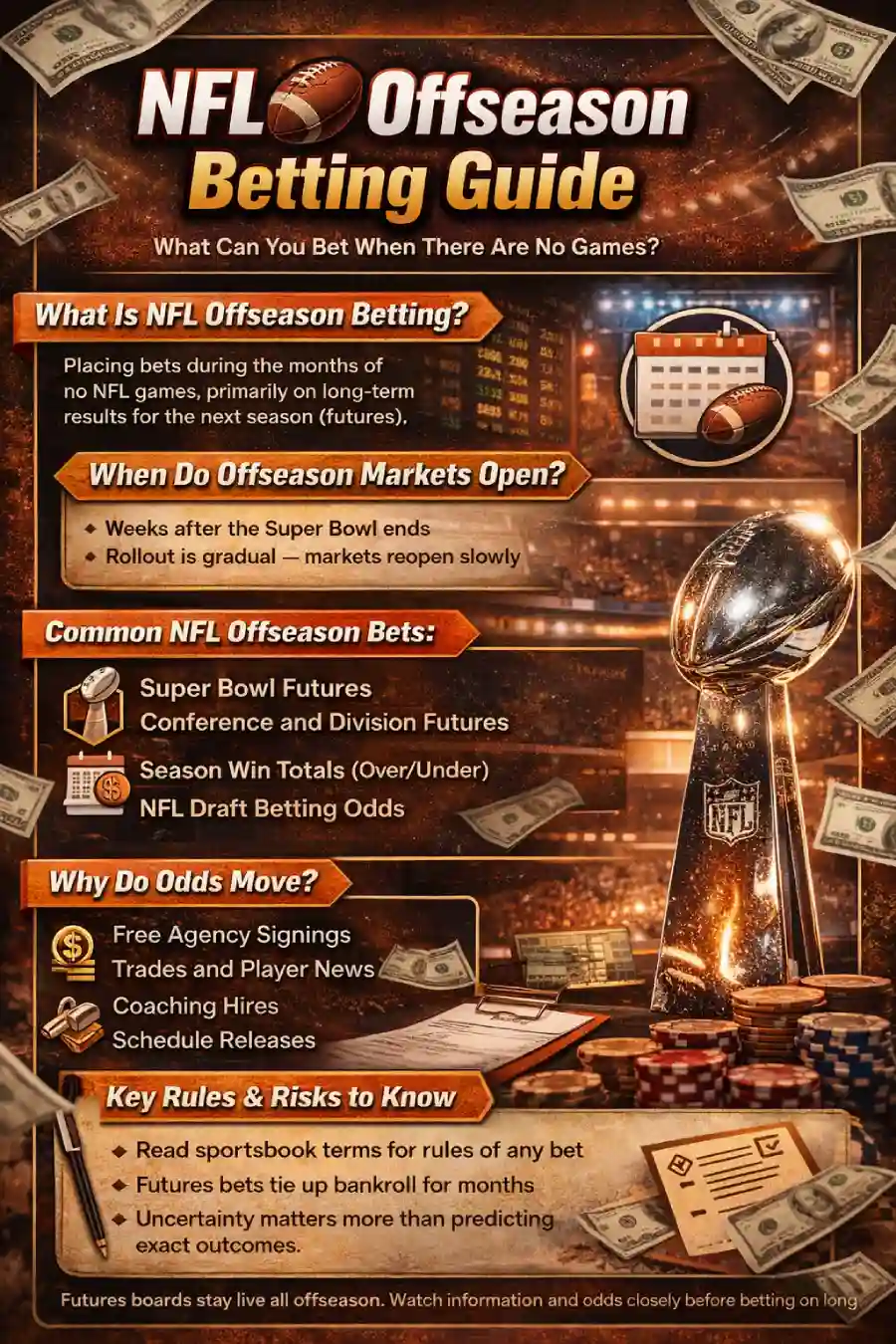 Infographic: NFL offseason betting explained — what it is, when markets open, the most common offseason betting options (futures, draft markets, win totals), why odds move in the offseason, and key rules and risks bettors should understand.