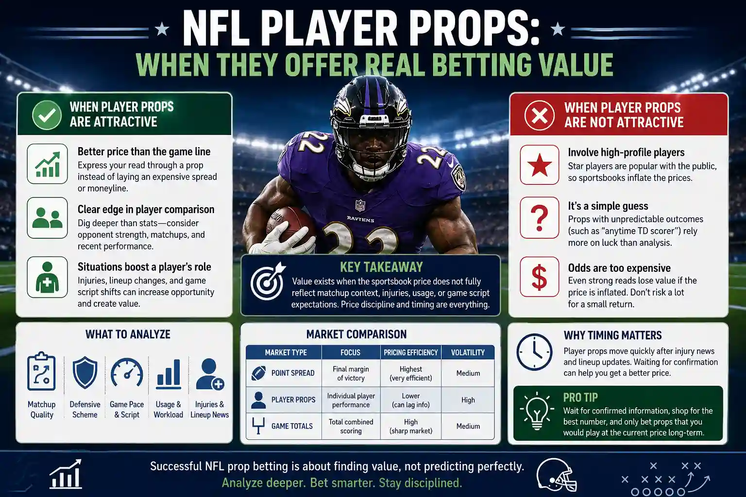 Infographic explaining when NFL player props offer real betting value, including attractive prop situations, risky props, matchup analysis, market comparison, and timing factors.