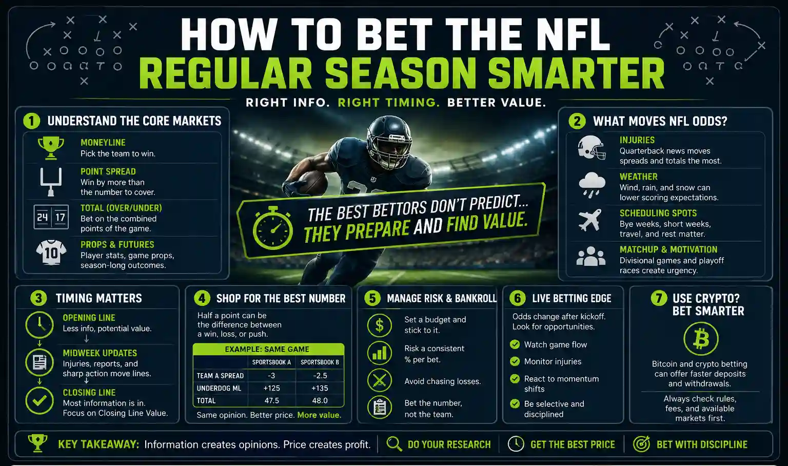 How to bet the NFL regular season infographic explaining core markets, line movement, betting timing, line shopping, bankroll management, live betting, and crypto payments