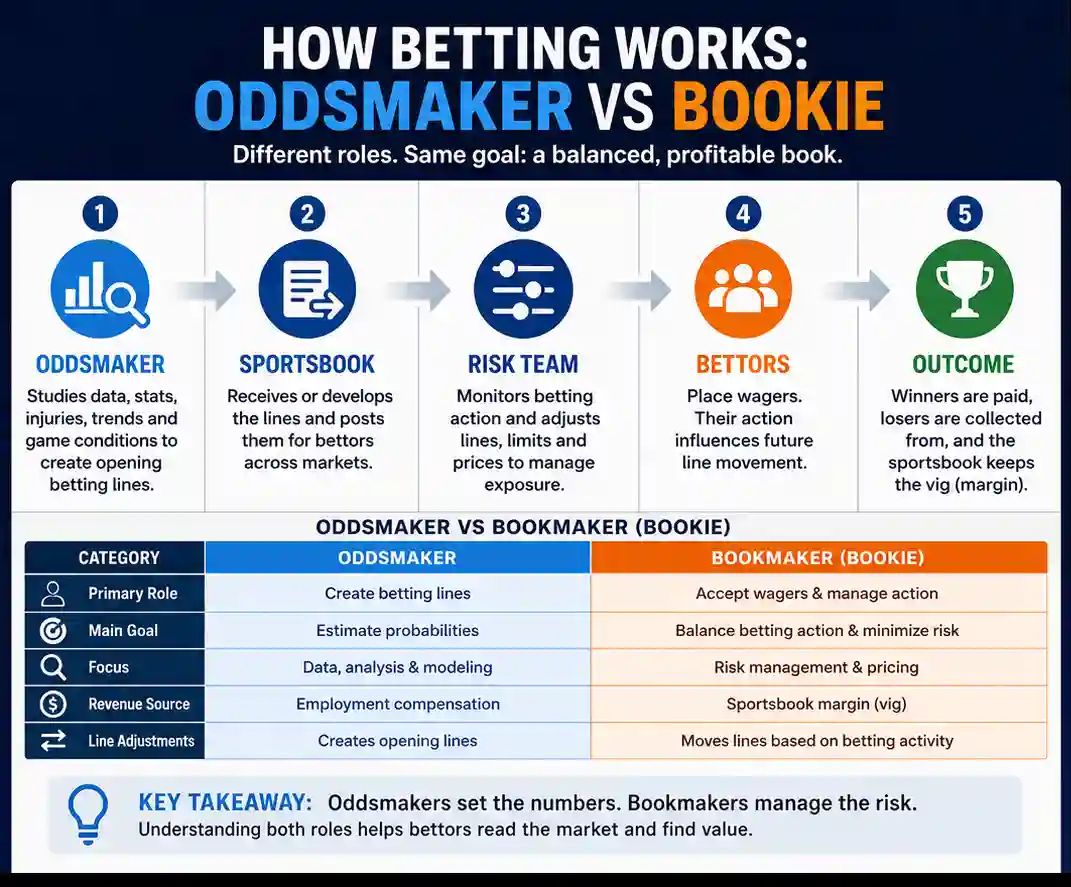Oddsmaker vs Bookie infographic showing how betting lines are created, adjusted, and managed by sportsbooks
