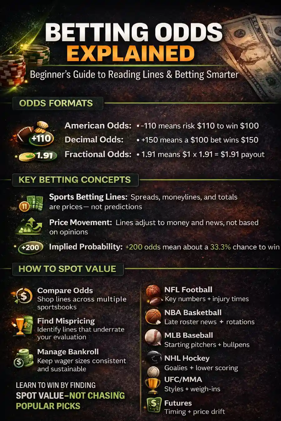 Infographic: Betting odds explained — how to read sports betting lines, odds formats (American/decimal/fractional), implied probability, value betting, common mistakes, and how odds behave across sports (NFL, NBA, MLB, NHL, soccer, combat sports, motorsports, futures).