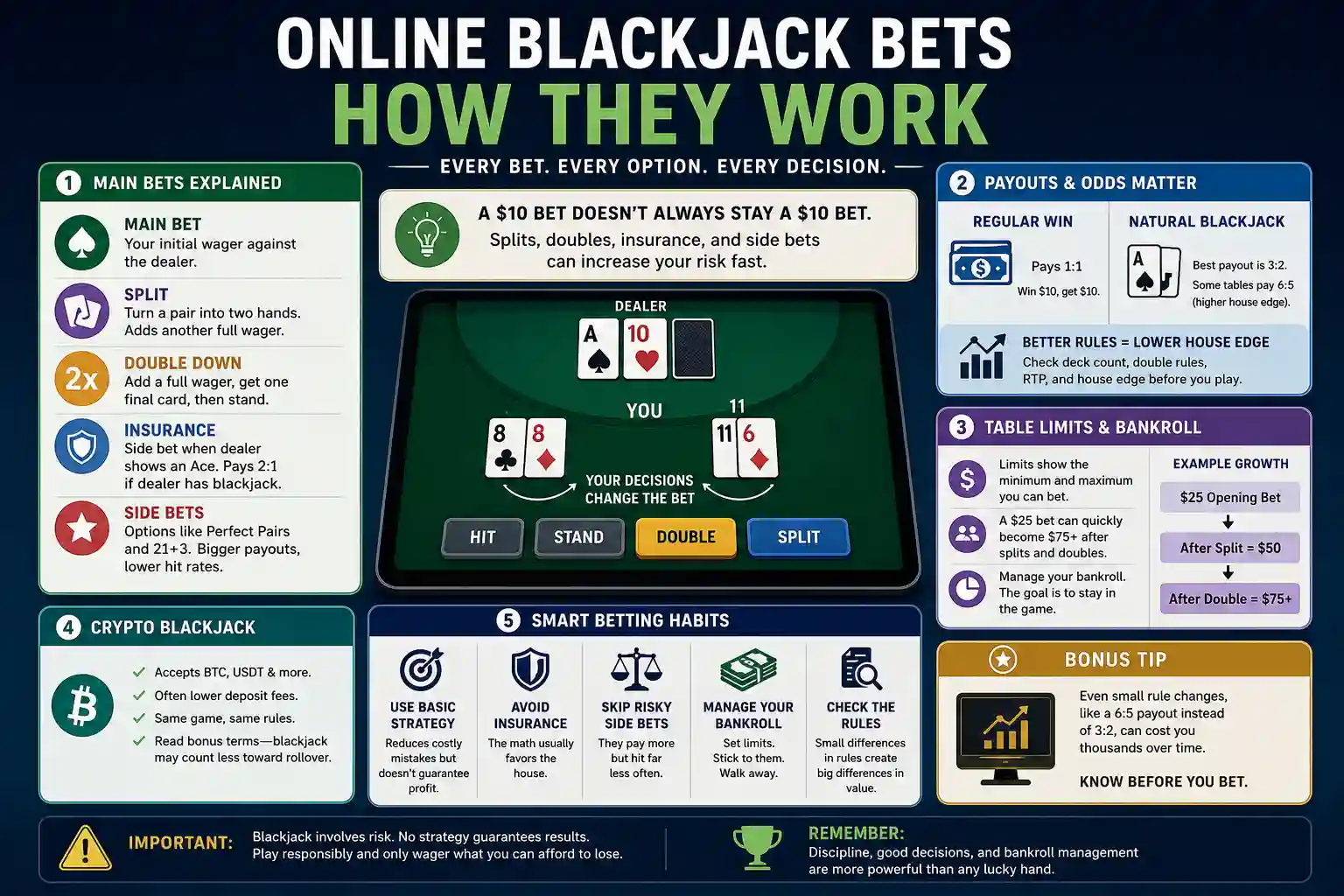 Infographic explaining how online blackjack bets work, including main wagers, splitting, doubling down, insurance, payouts, bankroll management, and crypto blackjack rules.