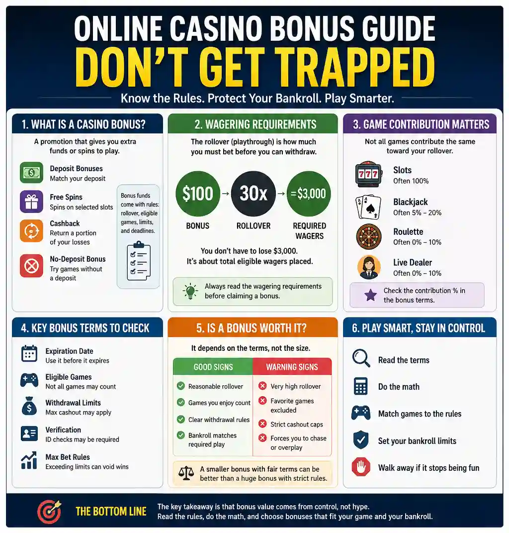 Online casino bonus guide infographic explaining wagering requirements, rollover math, game contribution, bonus terms, and bankroll tips