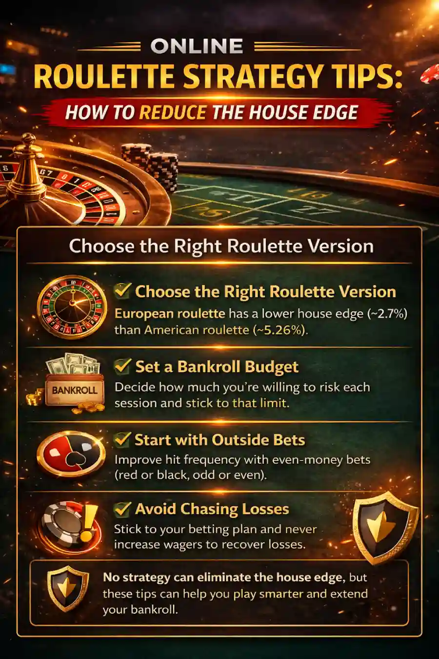 Infographic showing online roulette strategy tips including choosing European roulette, setting a bankroll budget, using outside bets, and avoiding chasing losses.