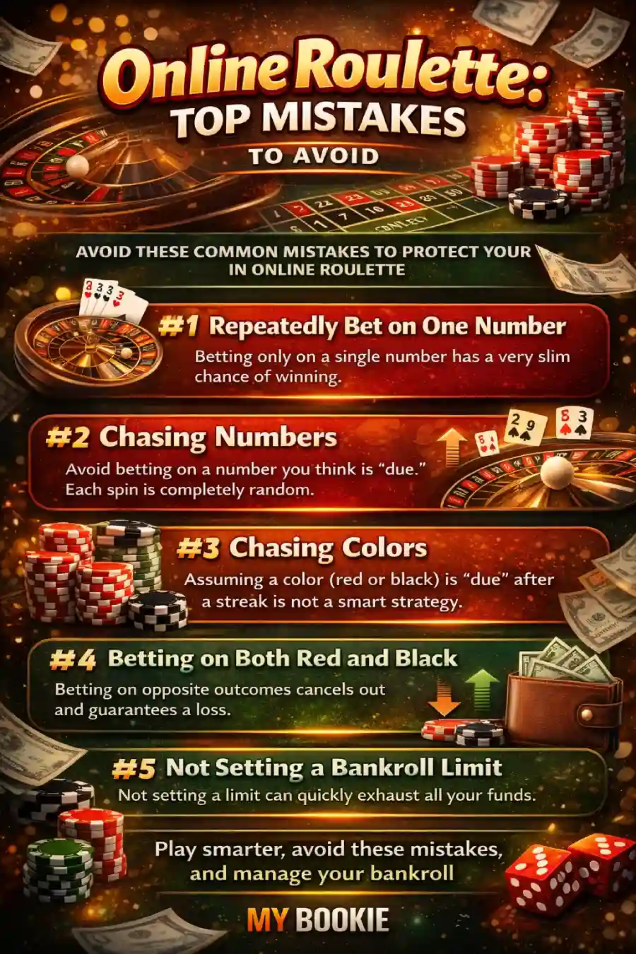 Infographic showing the top five online roulette mistakes to avoid, including repeatedly betting one number, chasing numbers, chasing colors, betting both red and black, and failing to set a bankroll limit.