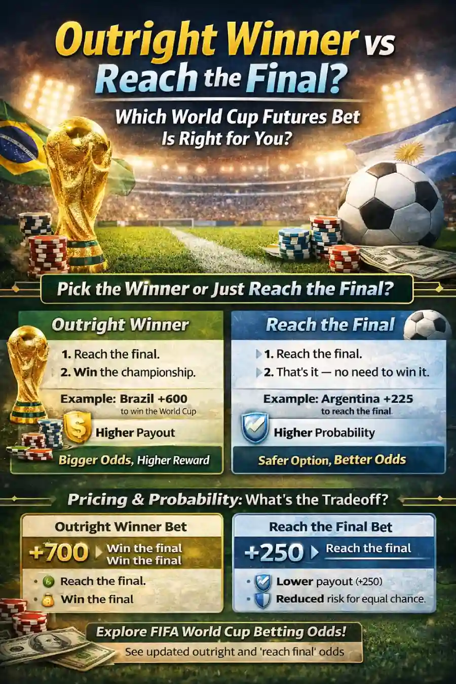 Infographic comparing outright winner vs reach the final World Cup futures bets, showing payout differences, probability tradeoffs, example odds, and risk laddering concepts in FIFA World Cup betting.