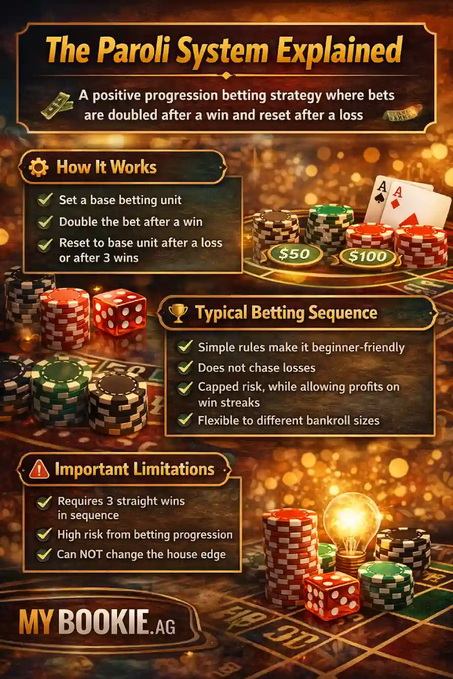 Infographic explaining the Paroli System: positive progression rules, typical sequence (1-2-4), key advantages, and important limitations.