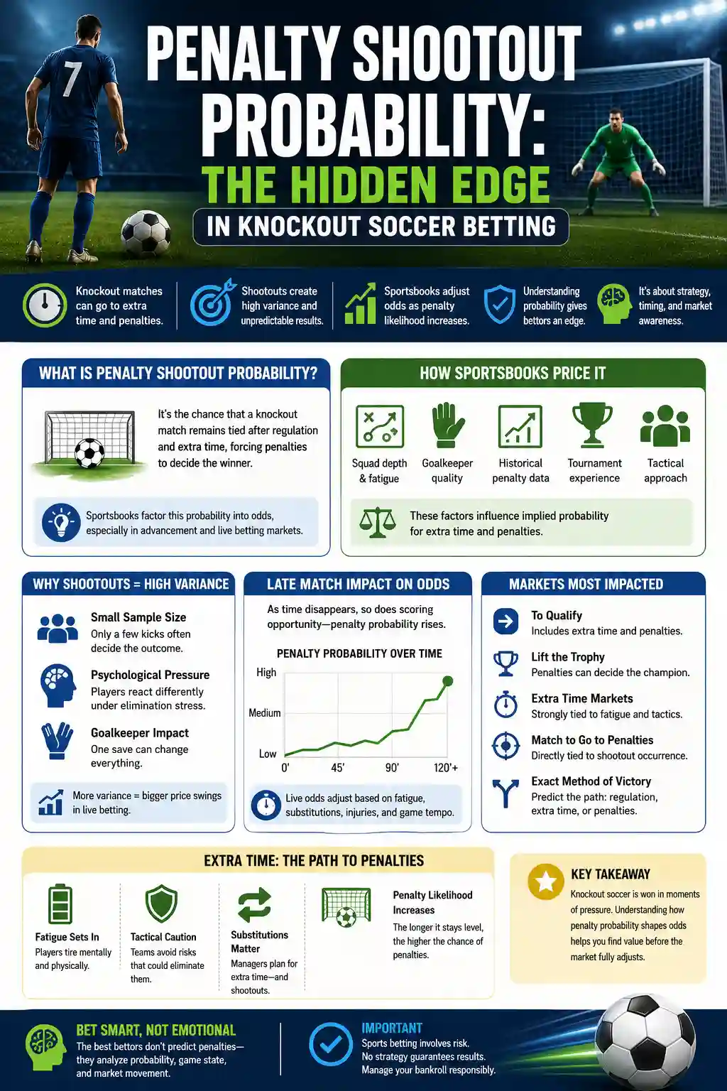 Infographic explaining penalty shootout probability in knockout soccer betting, including extra time, sportsbook pricing, variance, live odds movement, and key betting markets