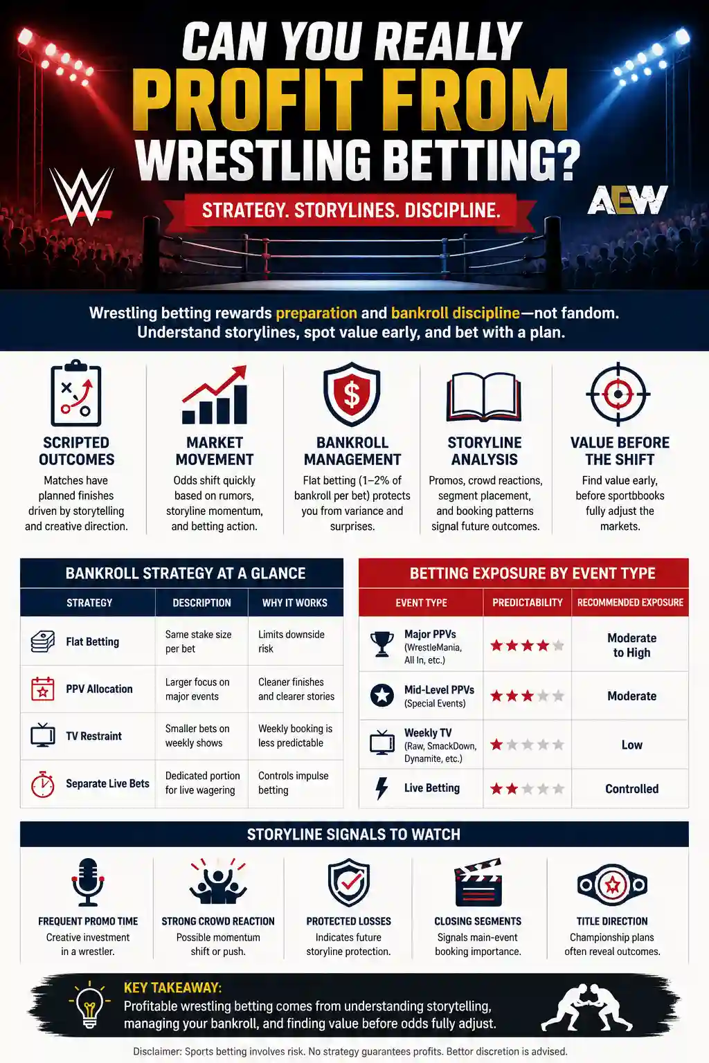 Infographic explaining how to profit from wrestling betting through bankroll management, storyline analysis, market movement, and event-type betting exposure
