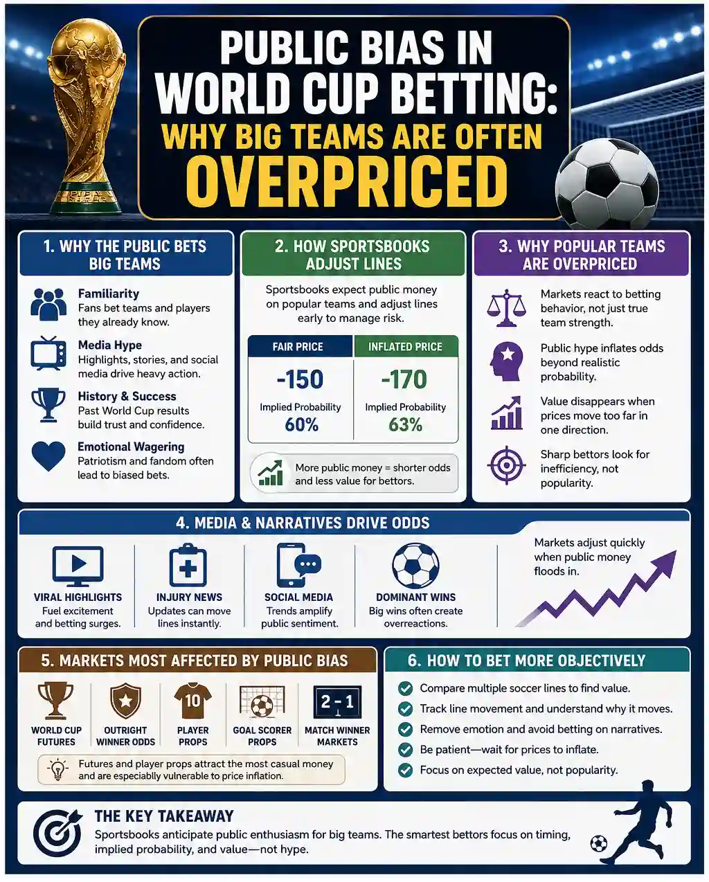 Public bias in World Cup betting infographic explaining why popular national teams are often overpriced, how sportsbooks adjust FIFA lines, and how bettors can compare soccer odds more objectively