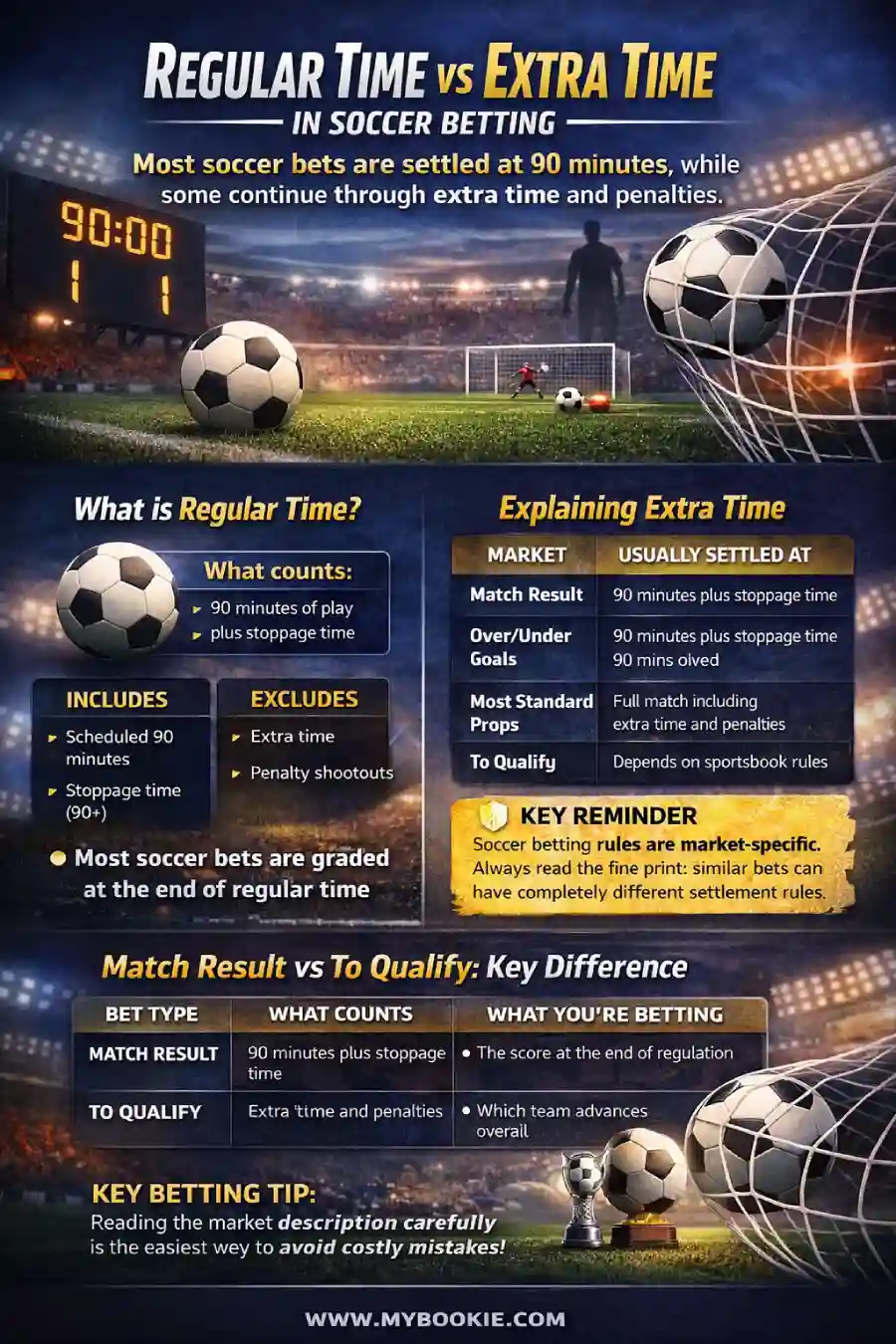 Infographic explaining the difference between regular time and extra time in soccer betting, including which markets are settled at 90 minutes and which include extra time or penalties.