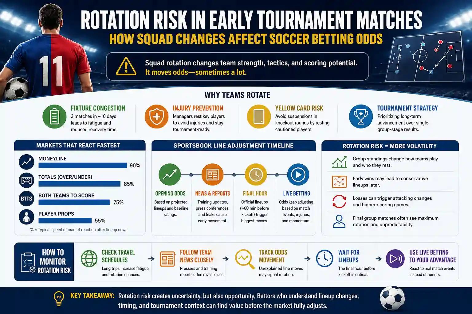 Infographic explaining how squad rotation affects soccer betting odds, market movement, lineup timing, and live betting volatility in early tournament matches