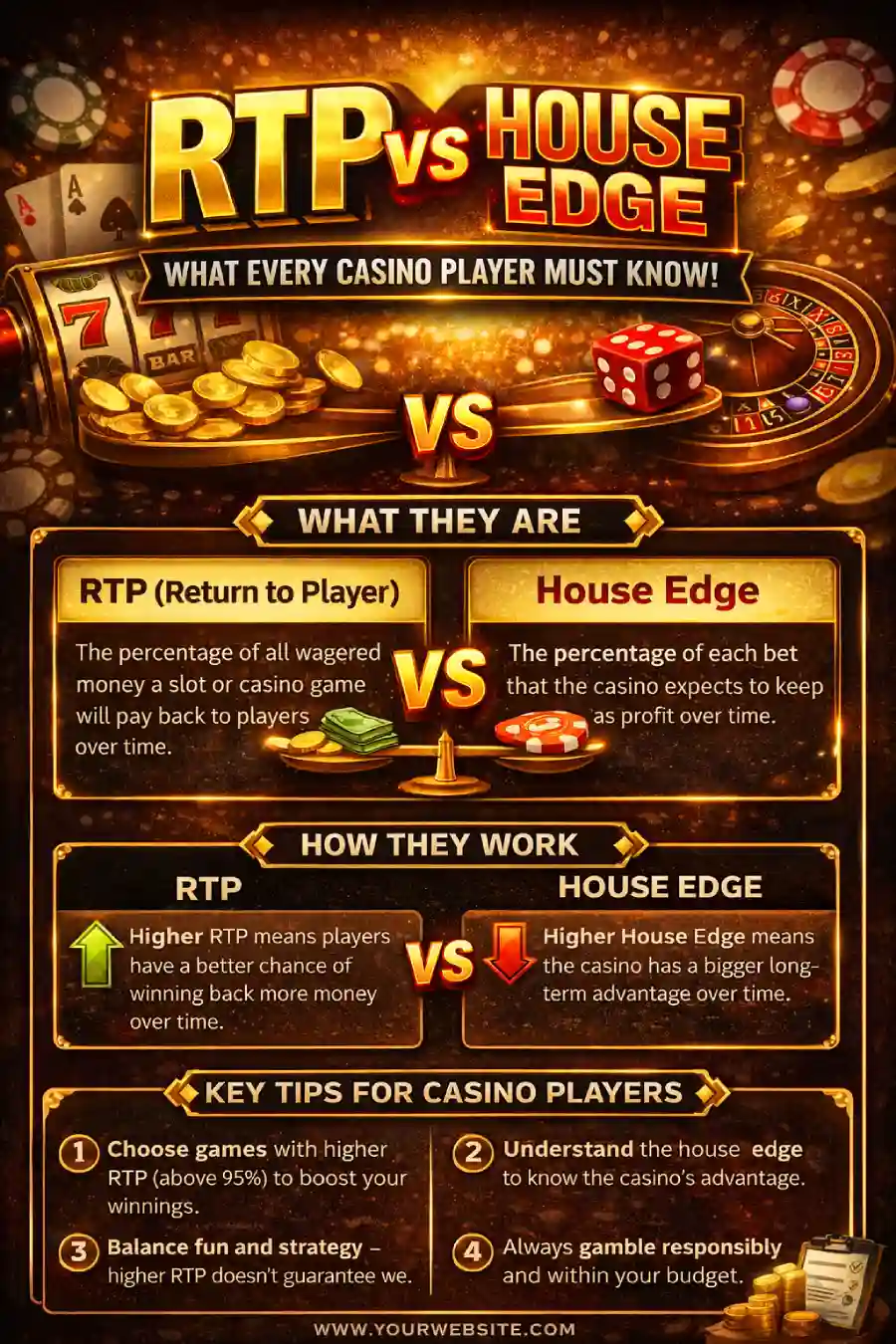 RTP vs house edge infographic explaining casino payouts, probability, and how player return compares to casino advantage