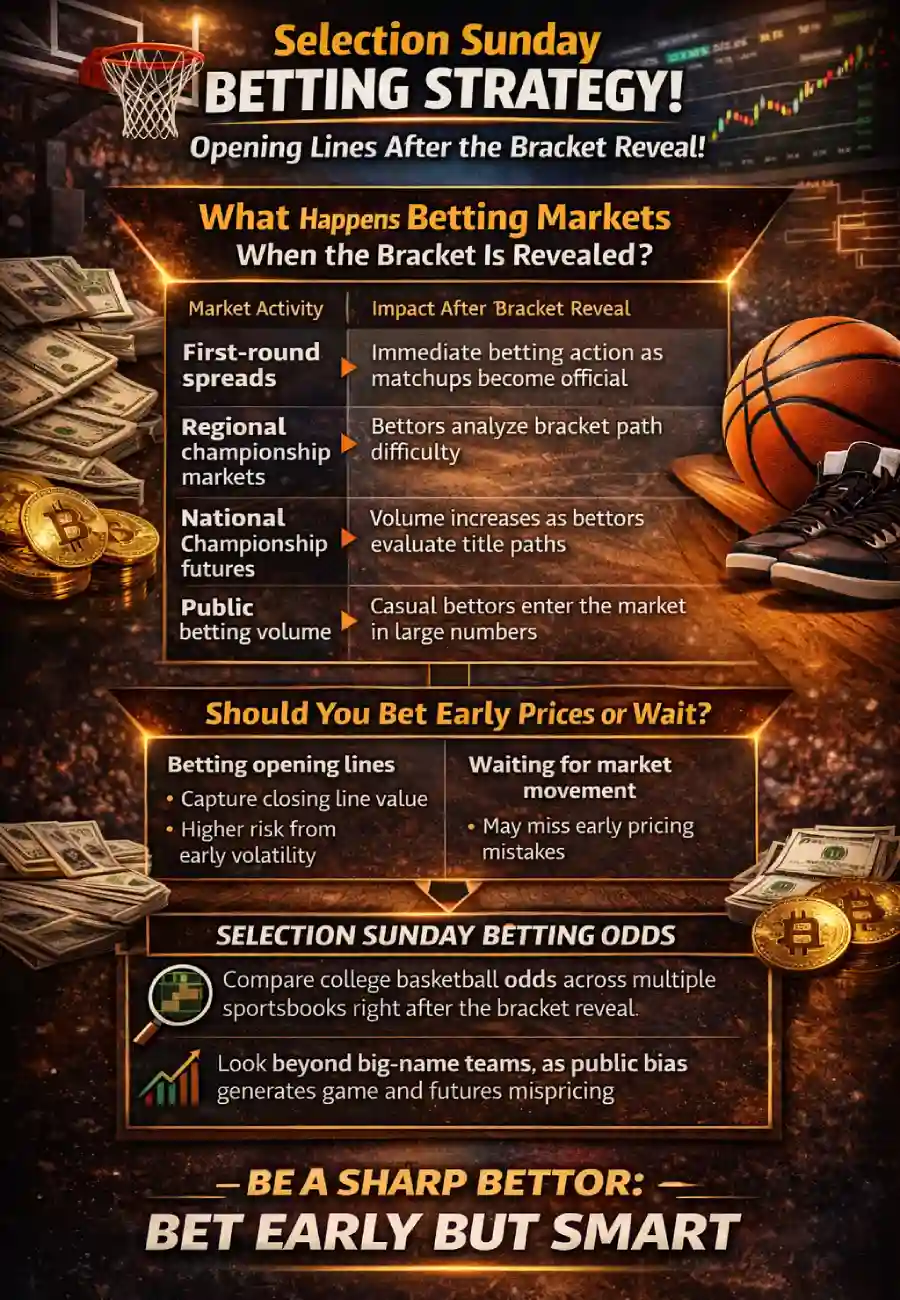 Selection Sunday betting market flow infographic explaining March Madness opening lines, sharp betting action, and market adjustments after the bracket reveal, why opening lines move fast, and whether to bet early or wait for market timing
