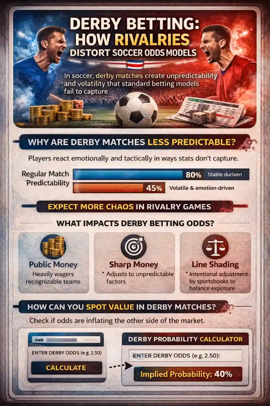 Infographic explaining how derby matches distort soccer odds models, affect predictability, move betting lines, and create value opportunities in rivalry games