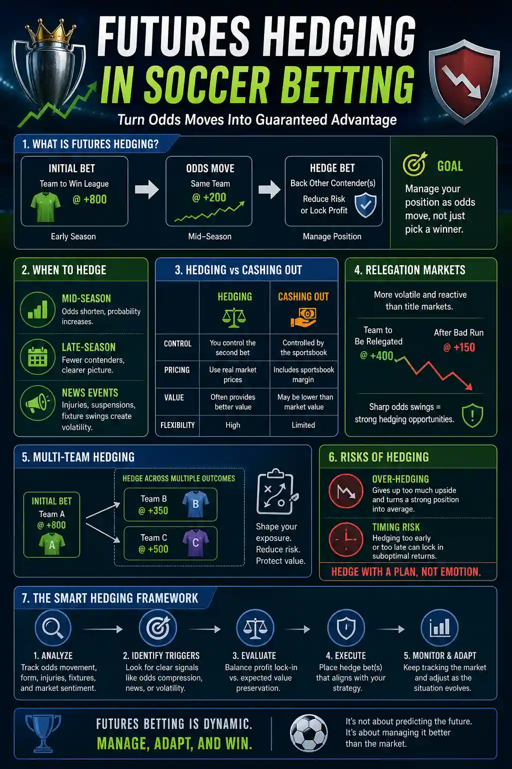 Infographic explaining soccer futures hedging strategy, including odds movement, hedge timing, relegation markets, multi-team hedging, and risk control