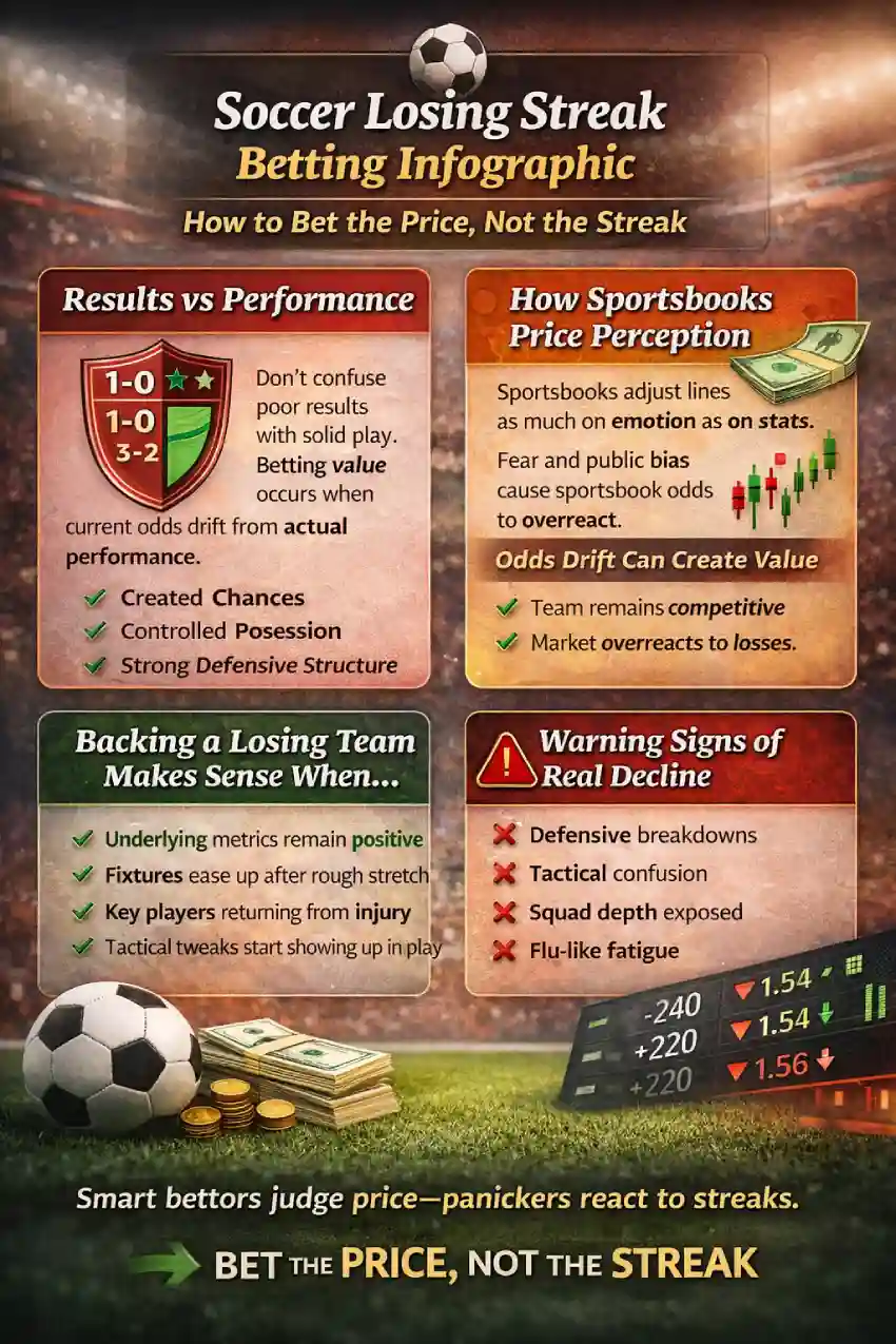 Infographic on betting soccer teams on a losing streak showing results vs performance, how sportsbooks price perception, when backing a losing team makes sense, warning signs of real decline, and common bettor mistakes