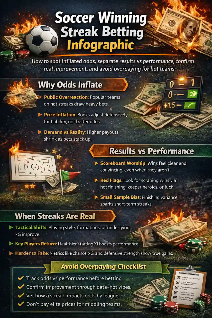 Infographic on betting soccer teams on a winning streak: why odds inflate, results vs performance, when streaks are real, common traps, league context, and a quick checklist to avoid overpaying