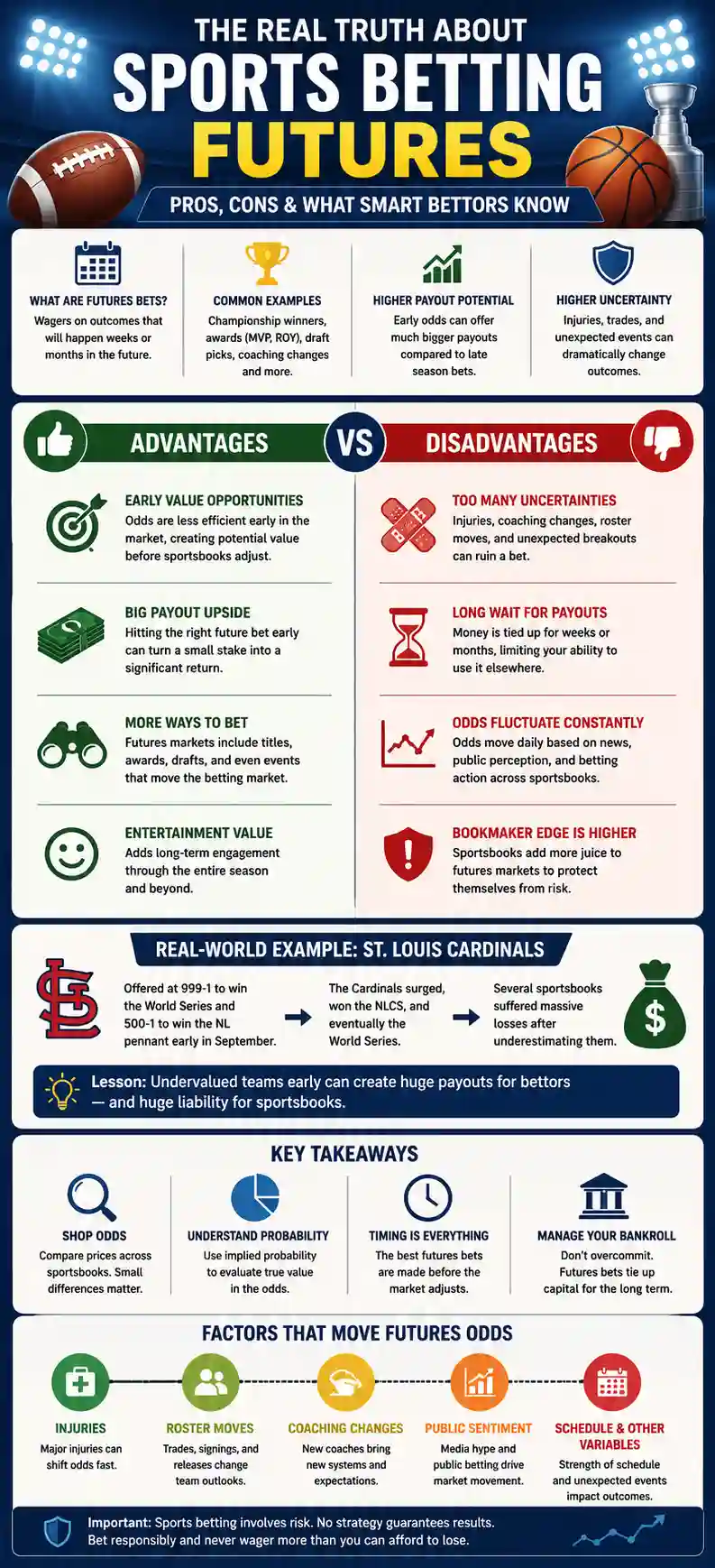 Sports betting futures infographic showing pros, cons, odds movement factors, and key takeaways