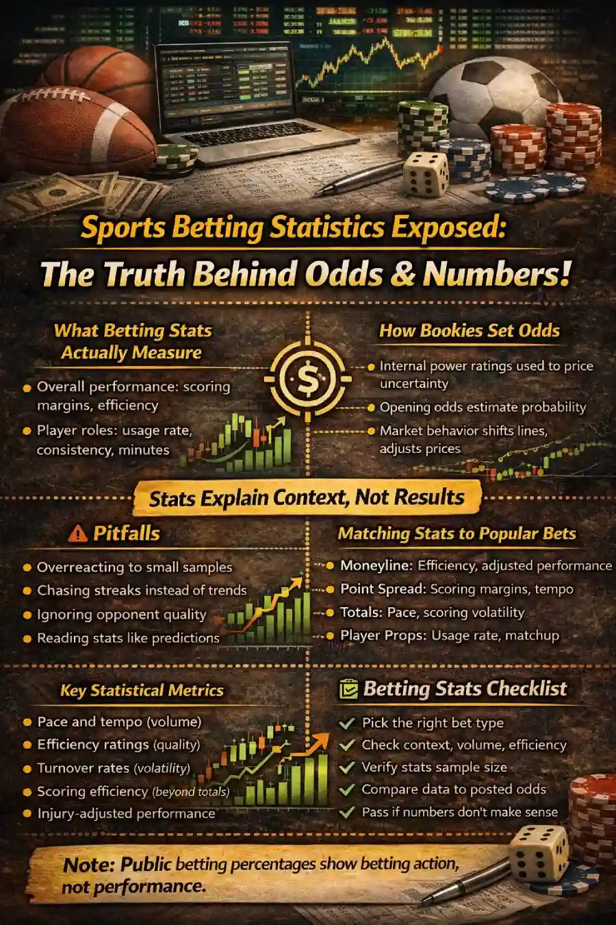 Sports betting statistics infographic explaining what stats measure, how sportsbooks set odds, which stats fit each bet type, common metrics, common mistakes, and a responsible workflow