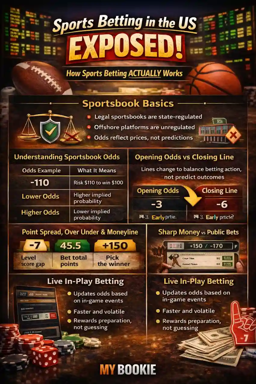 Infographic explaining how sports betting works in the US: sportsbook basics, what odds mean, opening odds vs closing line, point spread vs over under vs moneyline, sharp money vs public bets, live odds movement, and why comparing odds across legal sportsbooks matters.