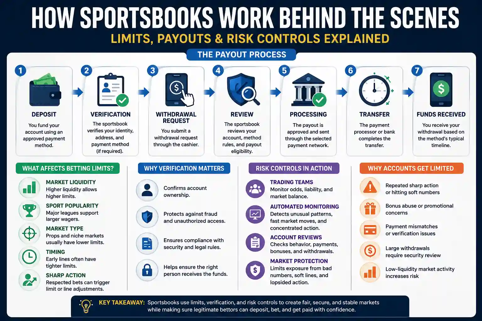 Infographic explaining how sportsbook limits, payout speed, verification and risk controls work behind the scenes
