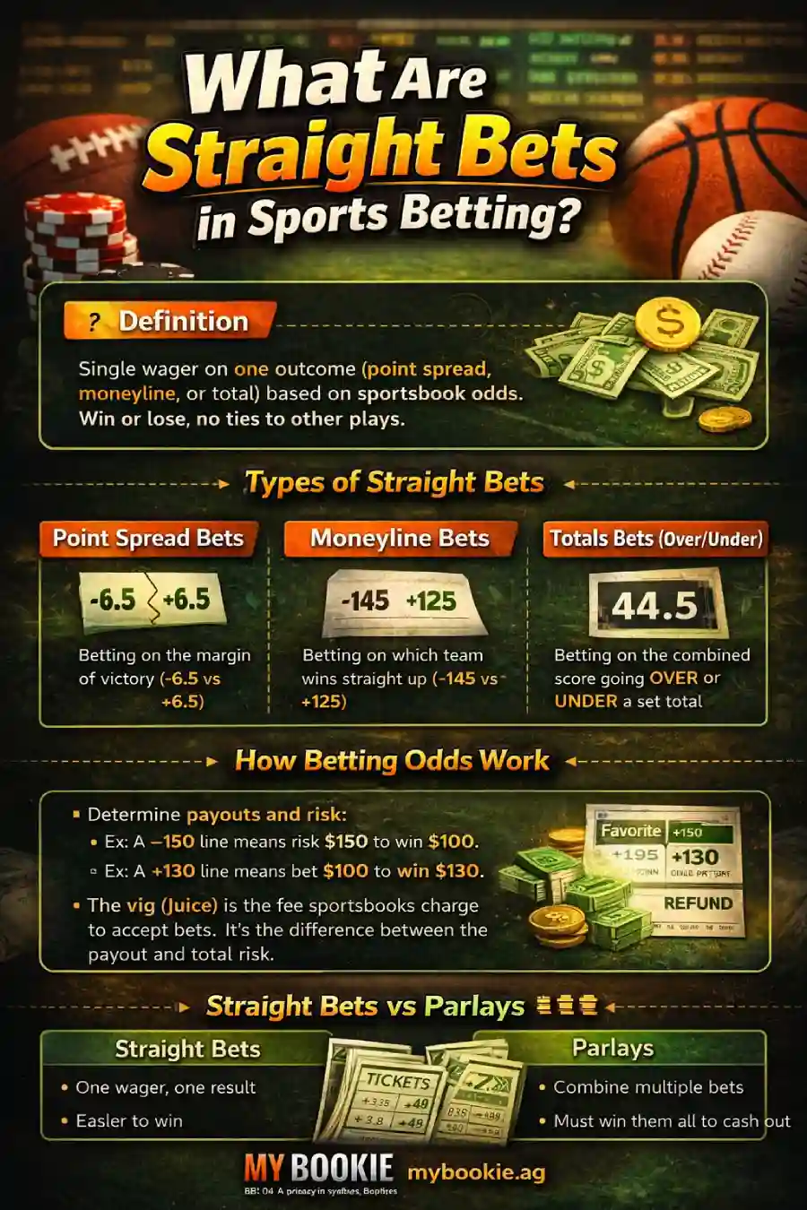 Straight Bets infographic explaining what a straight bet is, types of straight bets (point spread, moneyline, totals), how betting odds work, vig/juice, and straight bets vs parlays