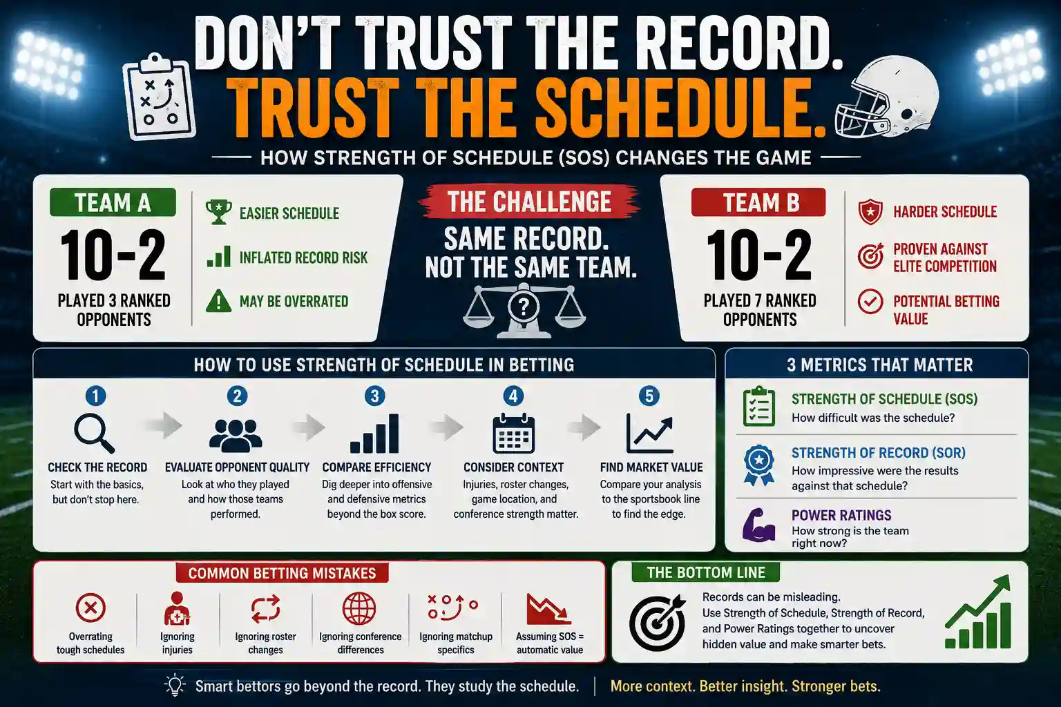 Infographic explaining how strength of schedule affects college football betting, records, opponent quality, power ratings, and market value