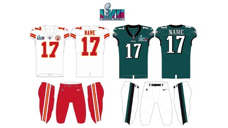 Super Bowl 57 Eagles and Chiefs uniforms to play on Sunday